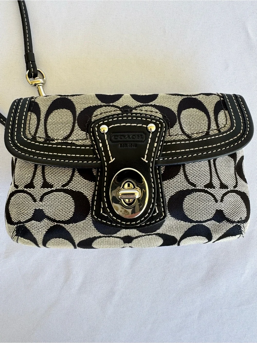 Coach Black & Cream Signature Canvas Turnlock Wristlet